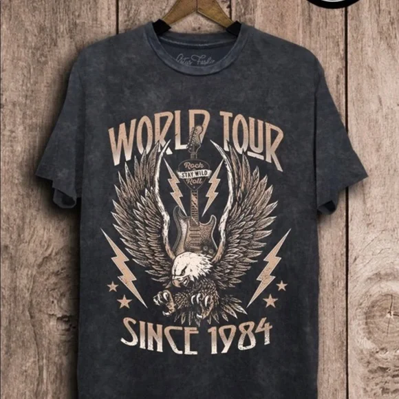 Black Tee T-Shirt Top Dress World Tour Since 1984 Graphic Vintage Mineral Wash - Picture 4 of 7